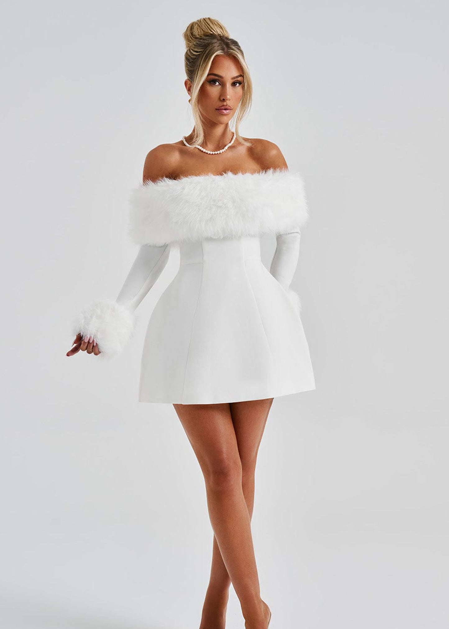 Feathered Off-Shoulder Mini Dress