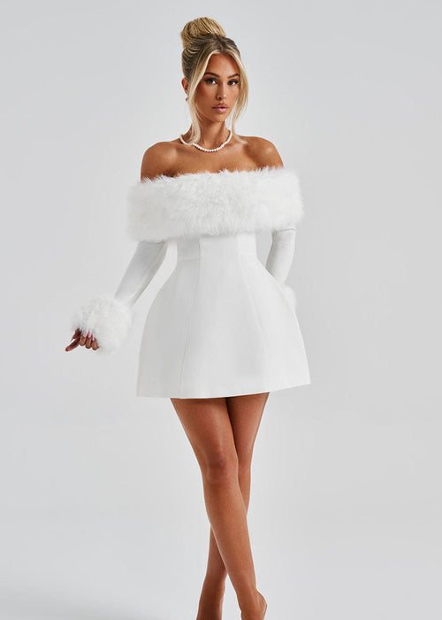 Feathered Off-Shoulder Mini Dress